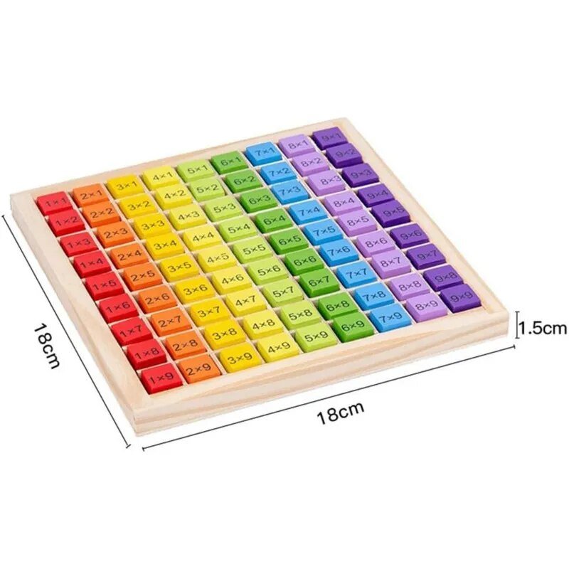 Wooden multiplication table board in Montessori style shown with size measurements for parents choosing the right toy.