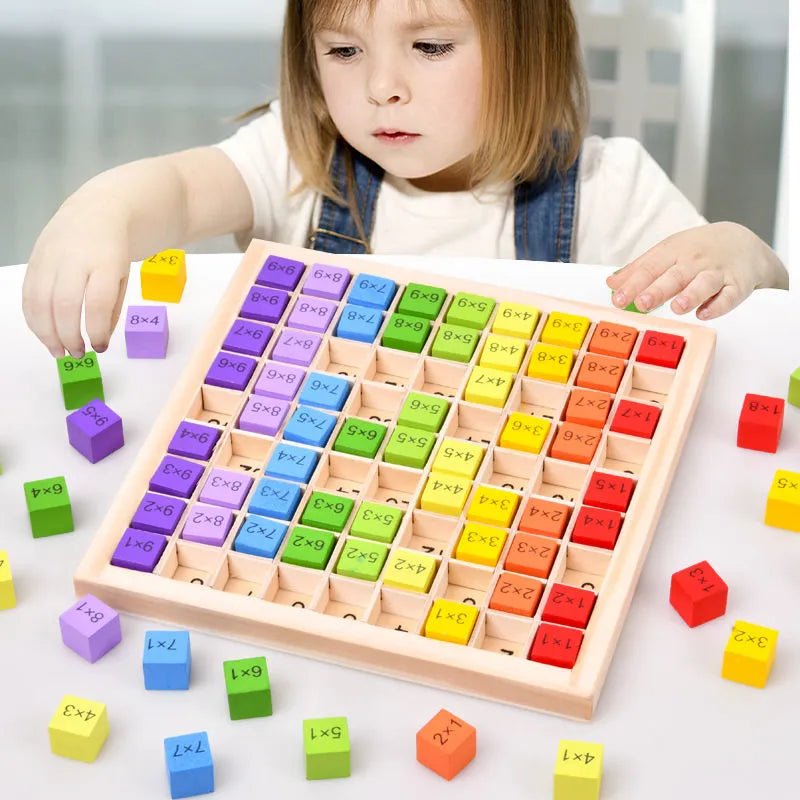 Montessori wooden multiplication table learning board for kids practicing times tables through hands-on play.