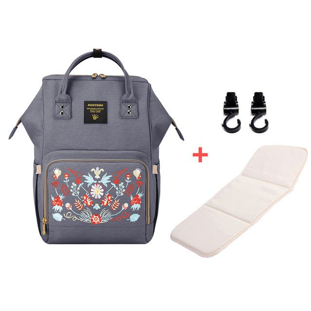 Gray backpack with floral design, white cushion, and black hooks