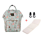 Patterned backpack with additional items.