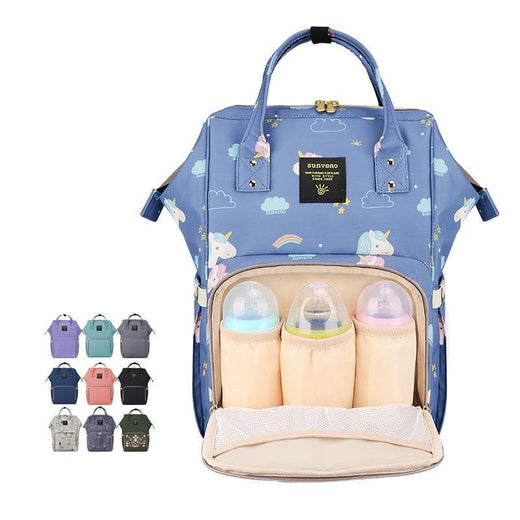 Blue diaper bag with bottle compartments and cloud pattern.
