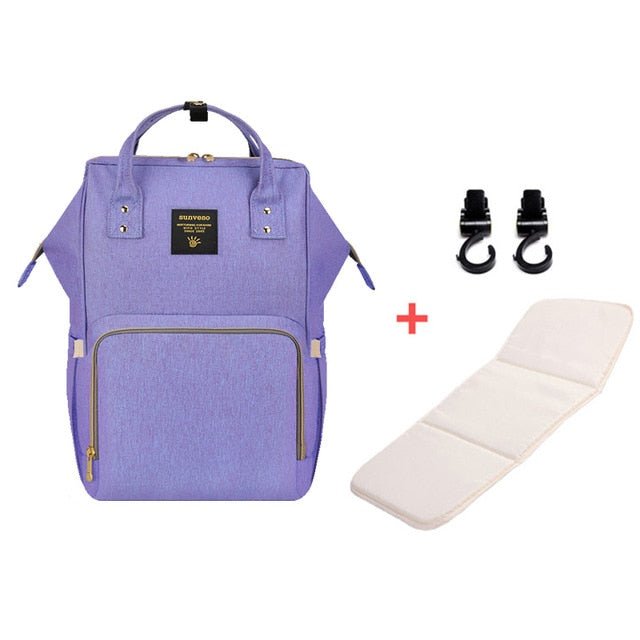 Purple backpack with a white mat and black straps
