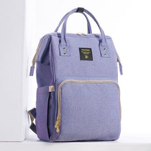 Purple backpack with a visible brand logo.