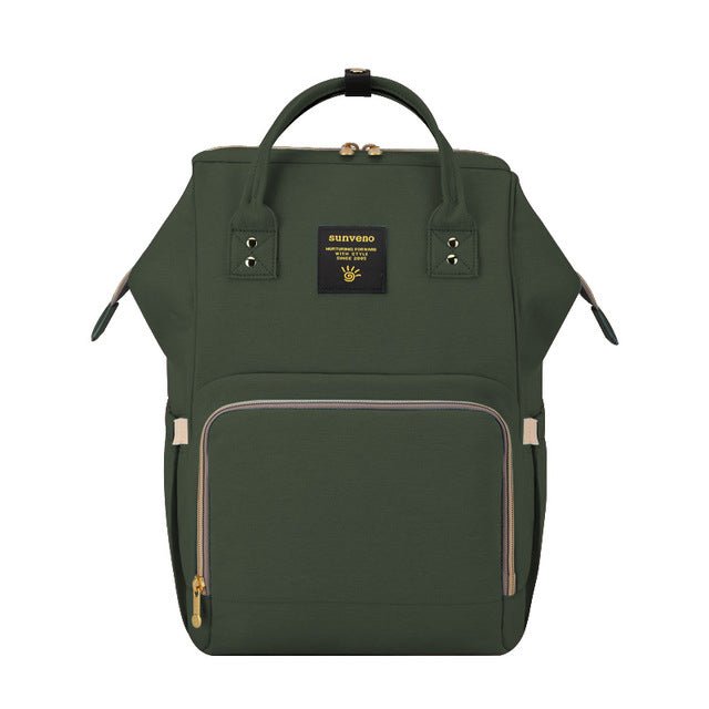 Green backpack with a visible brand logo.