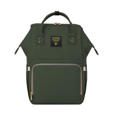 Green backpack with a visible brand logo.