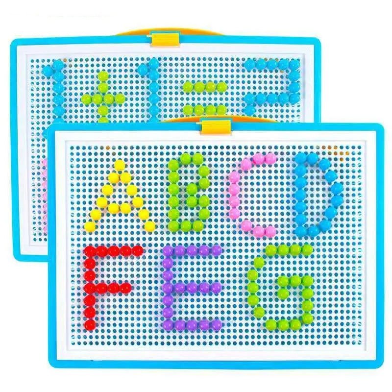 Two educational mats with letter and number patterns.