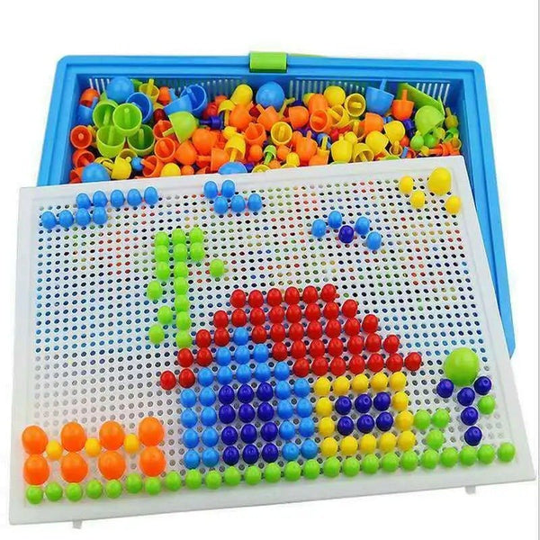 Colorful pegboard toy with various colored beads 