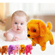 Baby with a plush toy dog and other colorful plush dogs in the foreground.