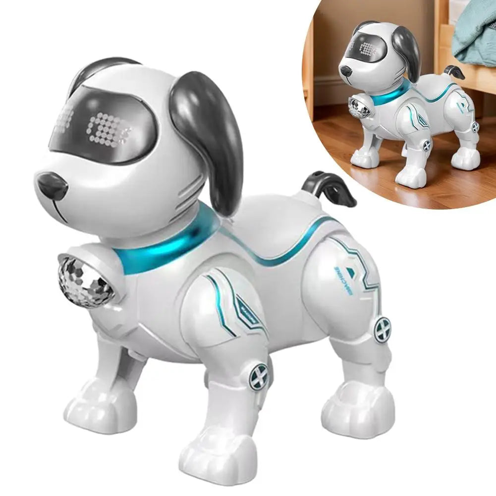 White robot dog with black ears and a sparkling chest light on a white background with a small room inset