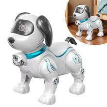 White robot dog with black ears and a sparkling chest light on a white background with a small room inset