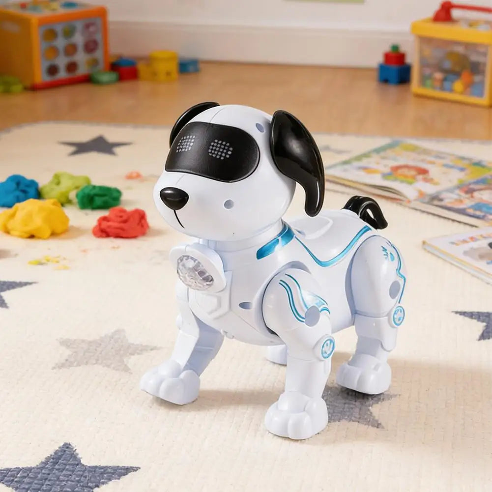 White robot dog with black ears standing on a star-patterned rug with play dough and books