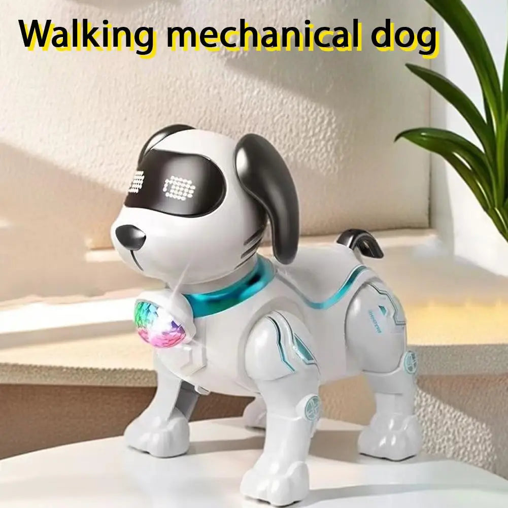 White robot dog with a colorful disco-ball chest light under the words Walking mechanical dog