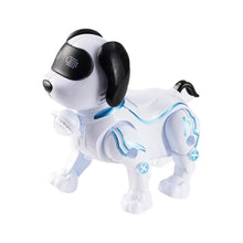 White robot dog with black ears and a sparkling chest light on a plain white background