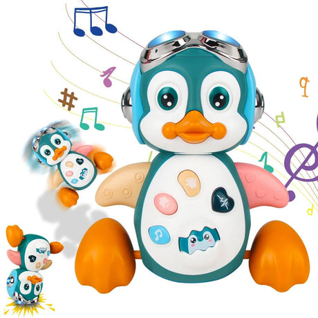 Toy penguin with musical notes and a smaller penguin figure.