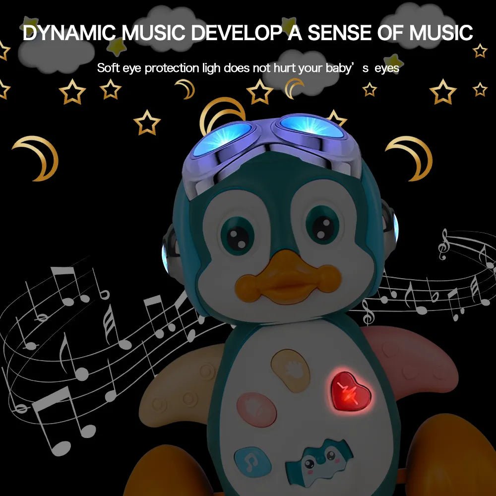 Musical Penguin Crawling Toy glowing eyes and light-up display for nighttime and sensory play.