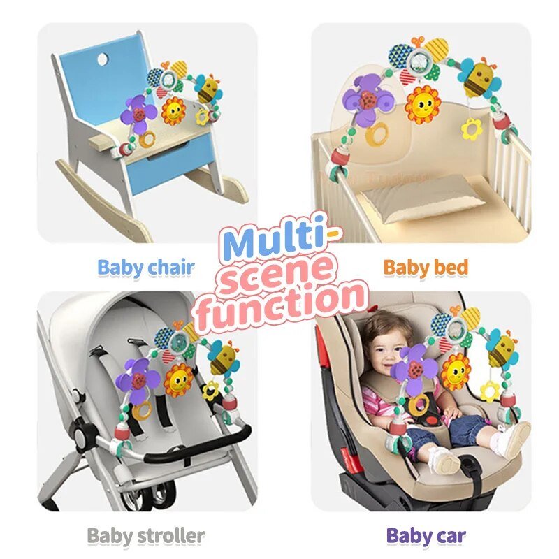 Collage of baby products with colorful toys 