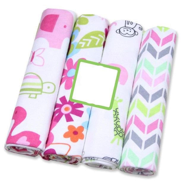 Muslin baby swaddle blankets in a multicolour 4-set, practical wraps for tummy time, car seats, and playmat covers.
