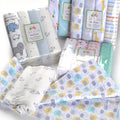 4Pcs Muslin 100% Cotton Flannel Baby Swaddles shown across the full pattern range, soft blankets for wrapping newborns and nursery naps.