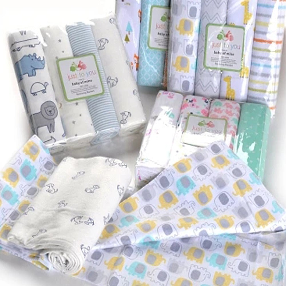 4Pcs Muslin 100% Cotton Flannel Baby Swaddles shown across the full pattern range, soft blankets for wrapping newborns and nursery naps.