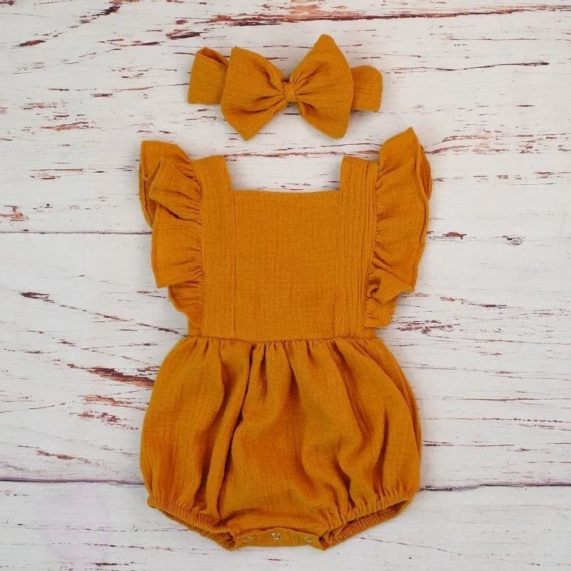 Mustard ruffle strap romper with matching headband in organic cotton, an easy 3M outfit for daily wear and outings.