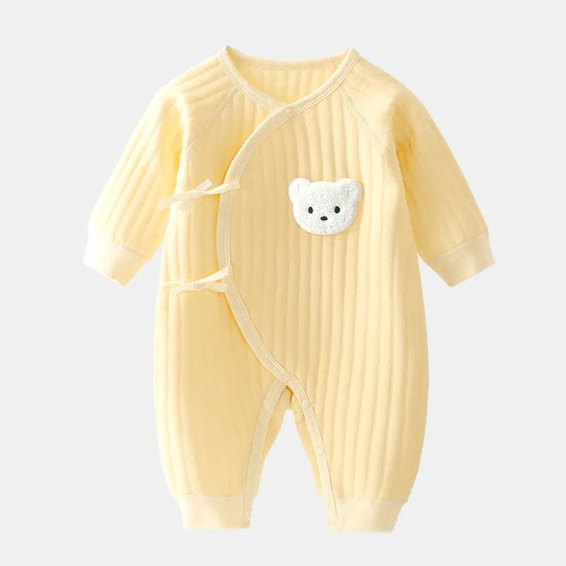 Mustard yellow Thickened Cotton Bodysuit romper with bear patch for bright everyday baby outfits and outings.