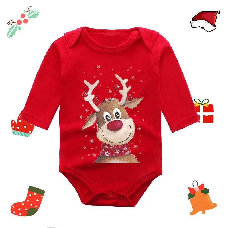 Red baby onesie with reindeer design 