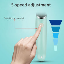 Hand demonstrating the 5-speed adjustment feature on the electric nasal aspirator for gentle suction control.