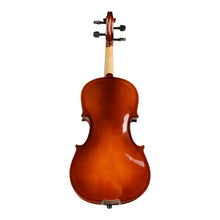 Natural 1/8 acoustic solid wood violin side angle view showing body shape for kids lessons.