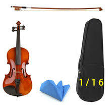 Natural 1/8 acoustic solid wood violin case, bow, and cloth shown from an alternate angle.