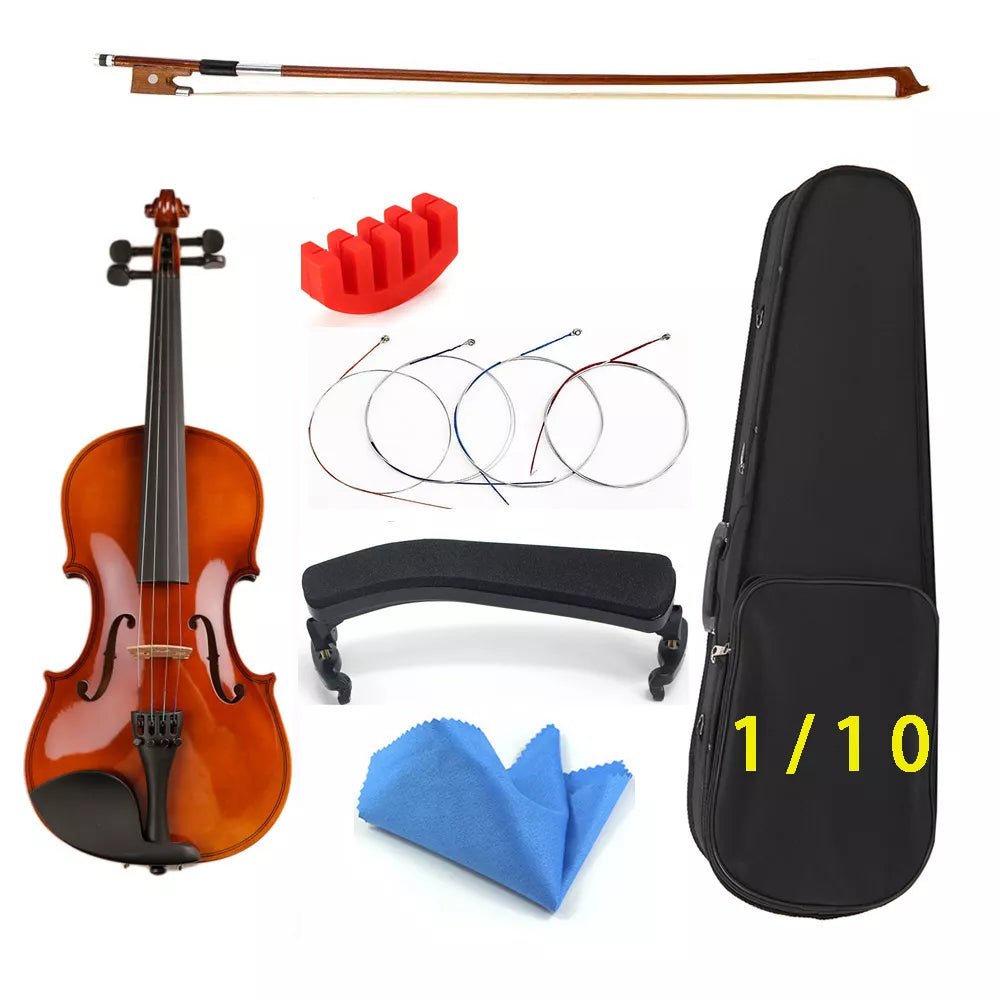 Natural 1/8 acoustic solid wood violin complete accessory bundle for beginner string instrument gifting.