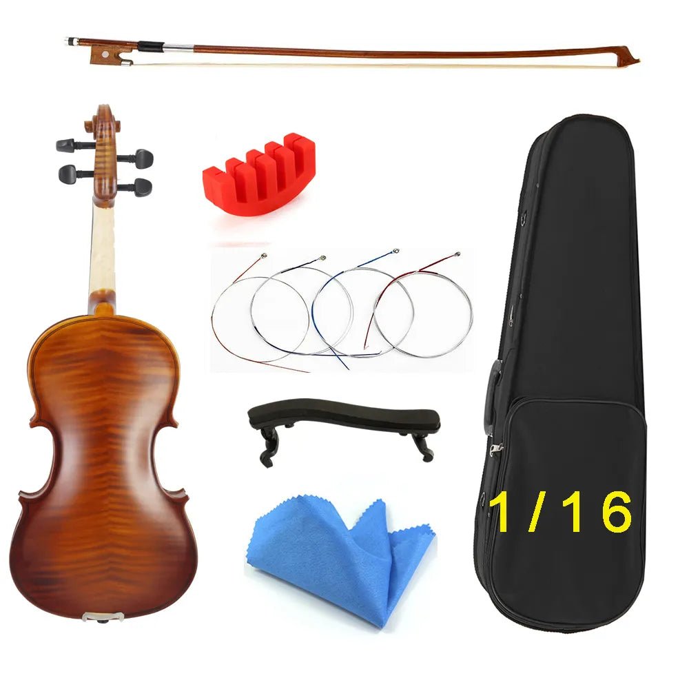 Natural 1/8 acoustic solid wood violin recital-ready accessory set for young musicians.