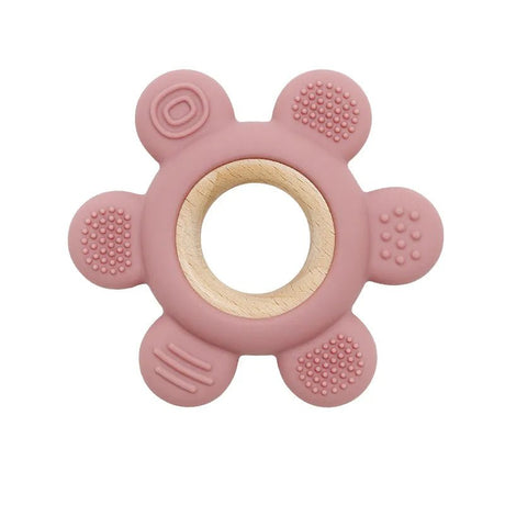 Pink silicone teething ring with wooden center