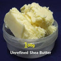 Unrefined shea butter in a container with a '100g' label.