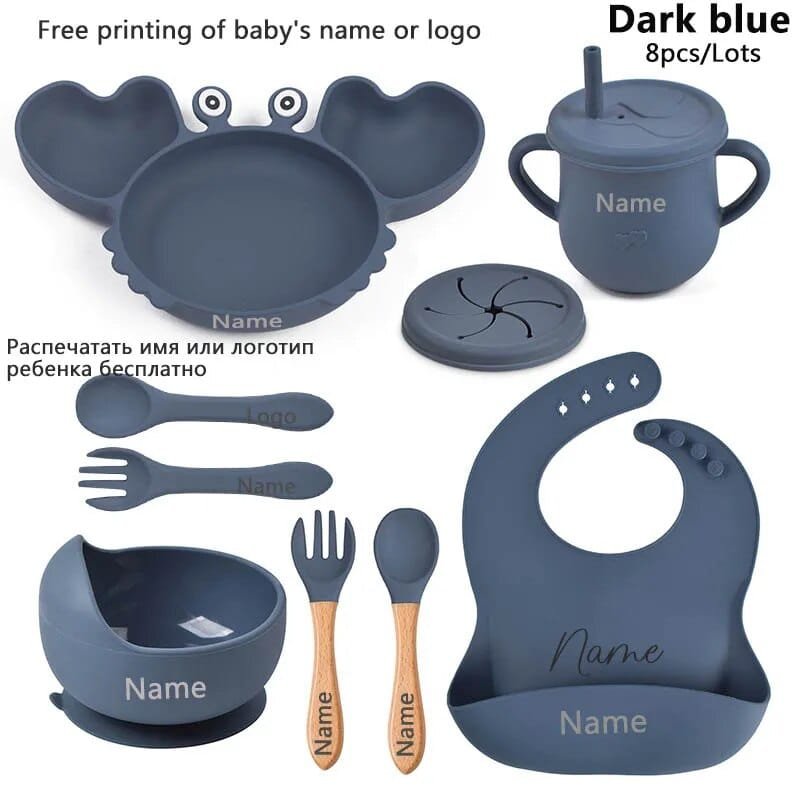 Navy baby crab dining set with plate, bowl, and cutlery for calm toddler mealtimes at home.