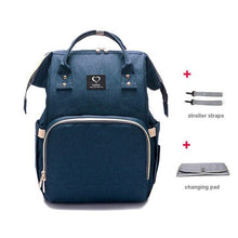 Navy blue USB Large Capacity Nappy Bag with changing pad for tidy nappy storage and comfortable shoulder carrying.