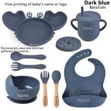 Navy crab baby feeding bundle with plate, bowl, and utensils for daily meals, snacks, and nursery lunches.