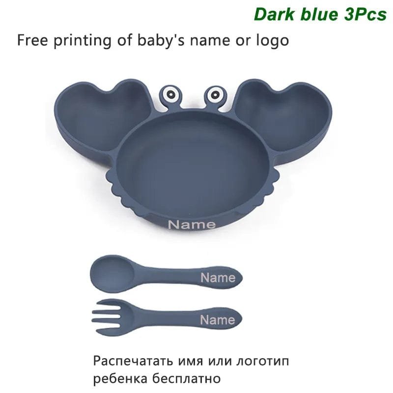 Navy crab plate and cutlery set with custom name option, a personalised addition to daily baby mealtimes.