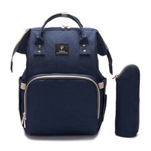 Baby Diaper Bag navy blue backpack with insulated bottle holder pockets for keeping feeds at temperature.