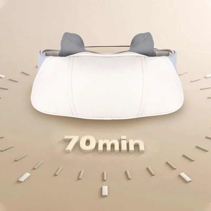 Heated neck massager cushion displaying a 70-minute timer for extended relief sessions.