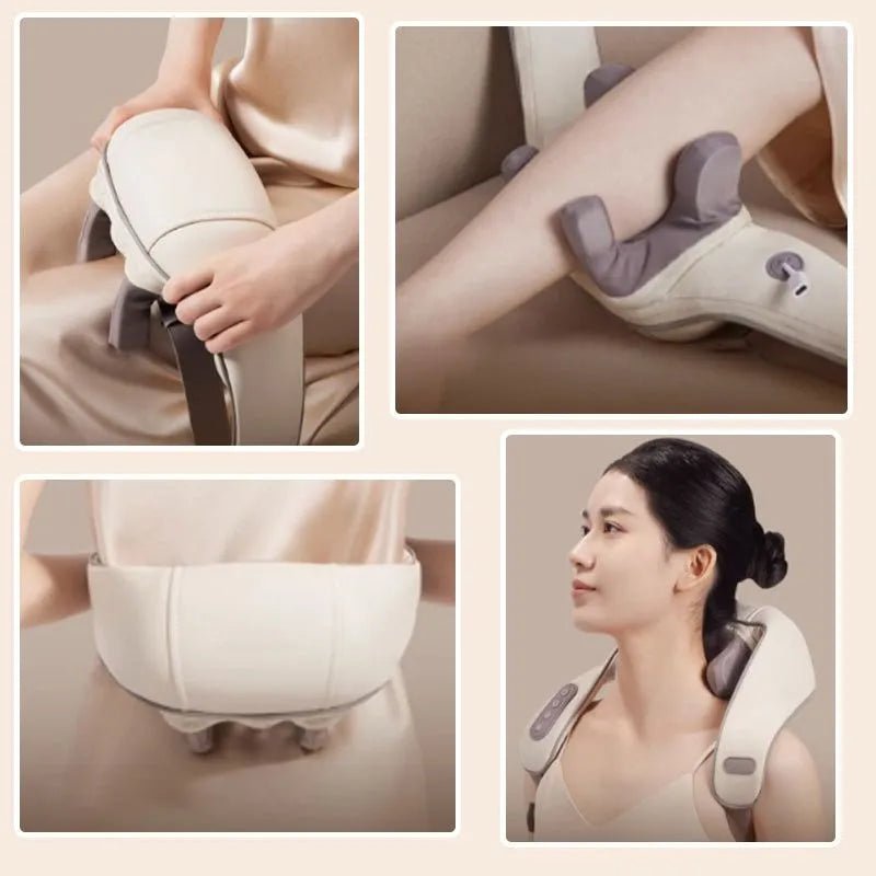 Collage of a person using the heated neck and shoulder massager with close-up detail views.
