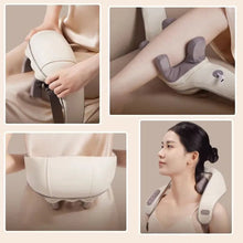 Collage of a person using the heated neck and shoulder massager with close-up detail views.