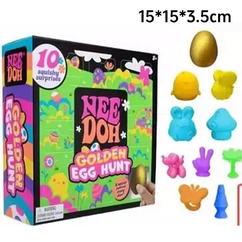 NEEDOH Golden Egg Hunt toy set packaging with squishy toys displayed