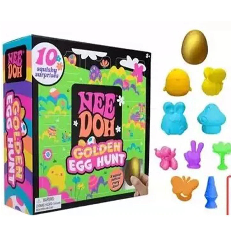 Nee Doh Golden Egg Hunt toy set with packaging and colorful squishy toys.