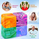 Colorful marbled cubes with text highlighting benefits.