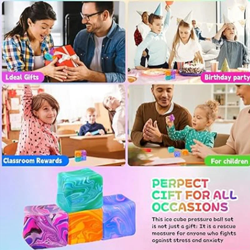 Collage of images showing people with children, birthday party, classroom setting, and ice cube pressure ball set.