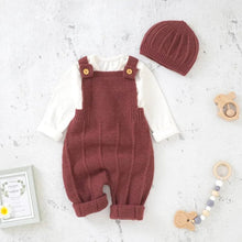 Neutral knit baby romper and cap set for cosy autumn dressing, nursery wear, and newborn gifting.