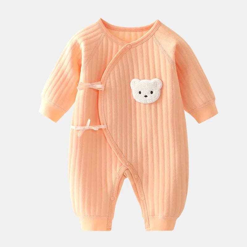 Neutral toned Thickened Cotton Bodysuit with bear patch from the side for toddler daily wear and easy dressing.