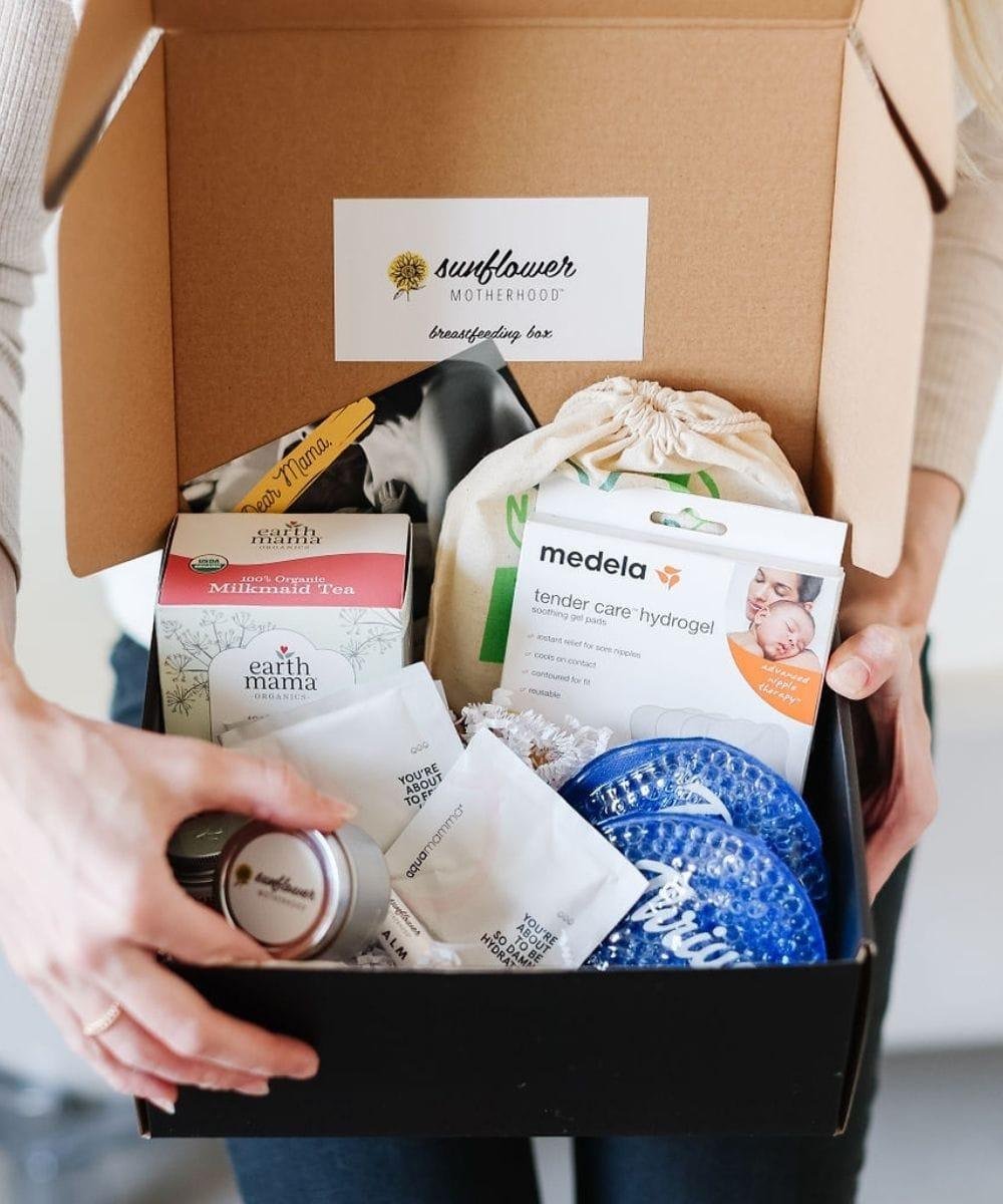 Box containing baby care products with visible branding