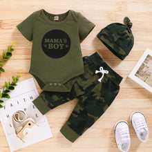 Newborn 3 piece letter and camo baby outfit set with romper, pants, and hat for daily wear and gifting.