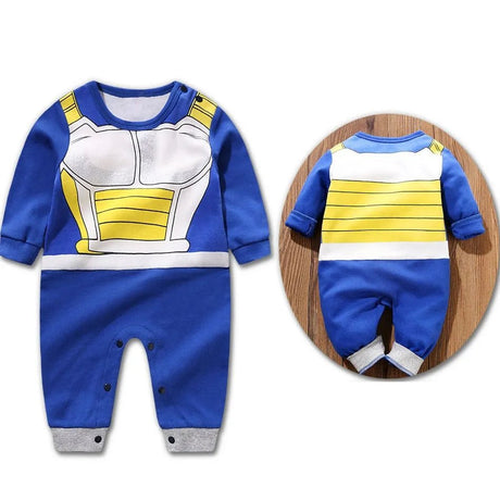 Blue and yellow baby romper with character design.